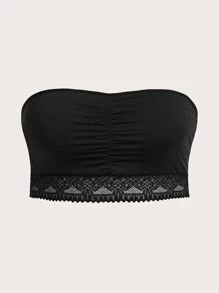 Plus Contrast Lace Ruched Bandeau Bra - Black - View 1