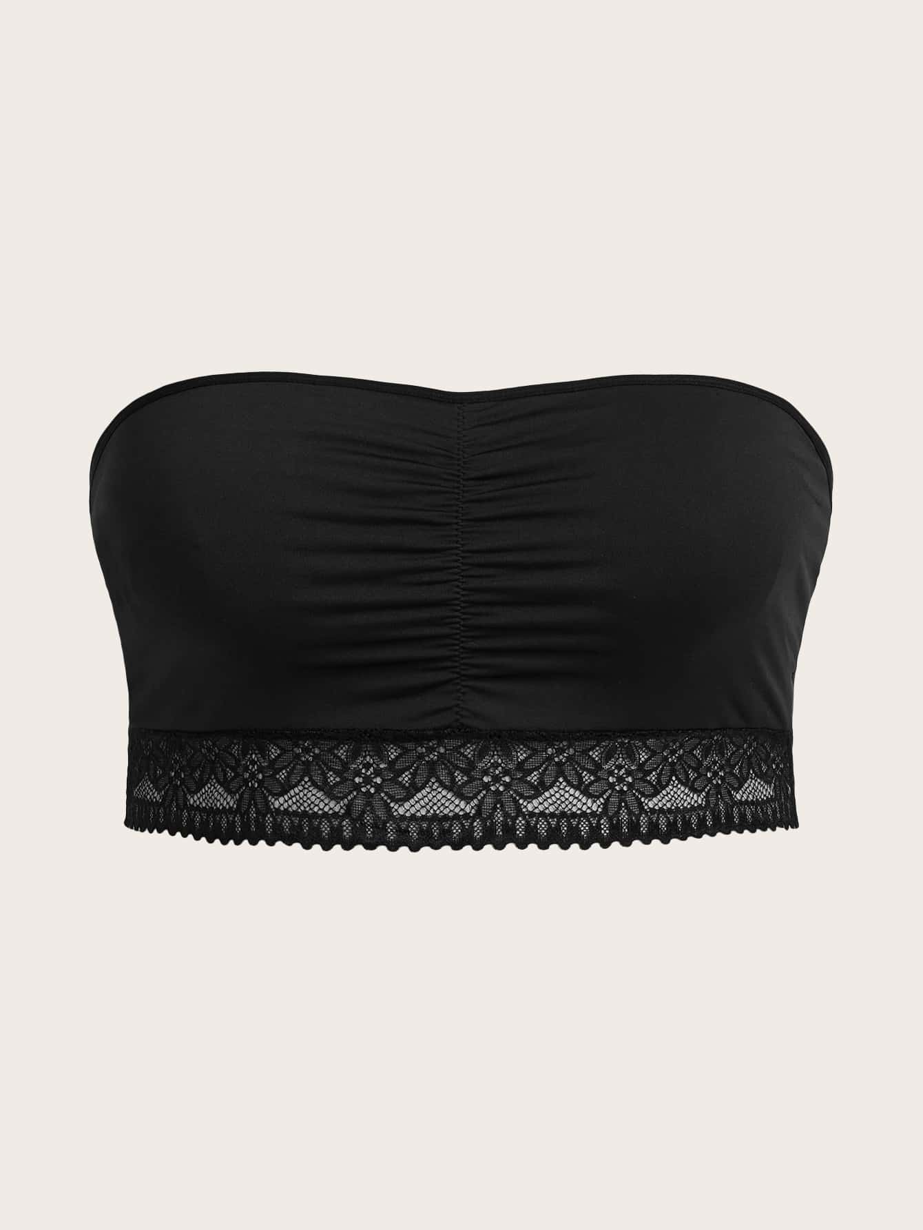 Plus Contrast Lace Ruched Bandeau Bra - Black - View 1