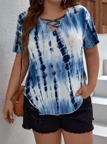 SHEIN VCAY Plus Tie Dye Crisscross Front Curved Hem Tee - Multicolor - View 1