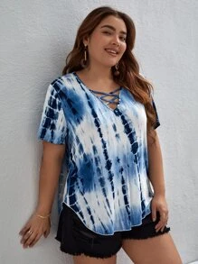 SHEIN VCAY Plus Tie Dye Crisscross Front Curved Hem Tee - Multicolor - View 4