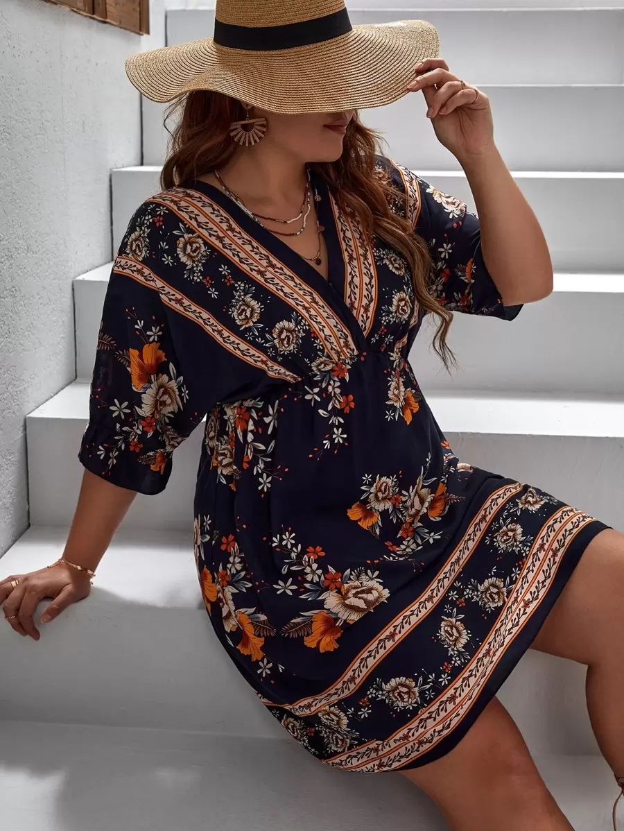 SHEIN VCAY Plus Floral Print Surplice Neck Dress - Navy Blue - View 1