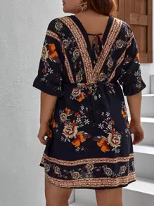 SHEIN VCAY Plus Floral Print Surplice Neck Dress - Navy Blue - View 2