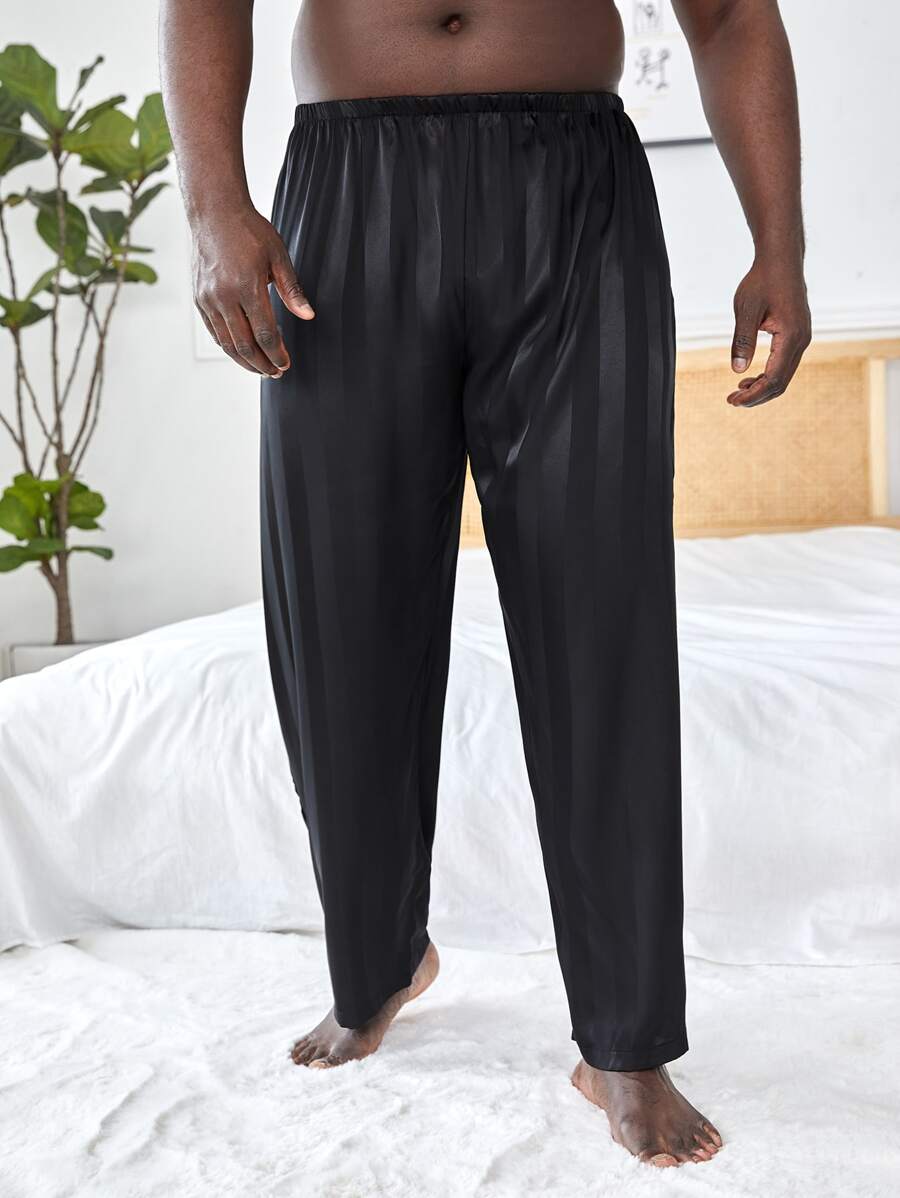Extended Sizes Men Striped Jacquard Satin Sleep Trousers - Black - View 1