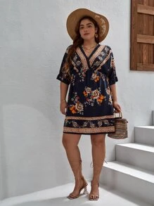 SHEIN VCAY Plus Floral Print Surplice Neck Dress - Navy Blue - View 3
