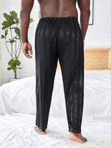 Extended Sizes Men Striped Jacquard Satin Sleep Trousers - Black - View 2
