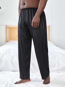 Extended Sizes Men Striped Jacquard Satin Sleep Trousers - Black - View 4