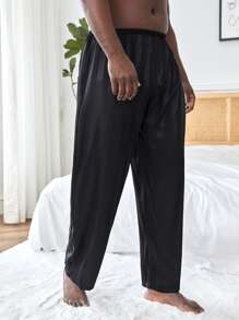 Extended Sizes Men Striped Jacquard Satin Sleep Trousers - Black - View 5