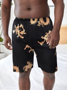 Extended Sizes Men Dragon Print Satin Sleep Shorts - Black - View 1