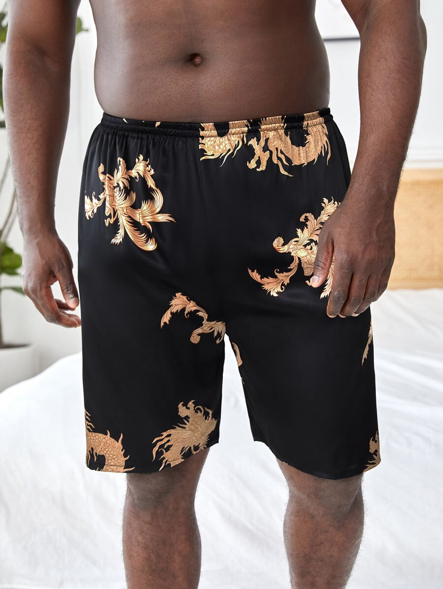 Extended Sizes Men Dragon Print Satin Sleep Shorts - Black - View 1