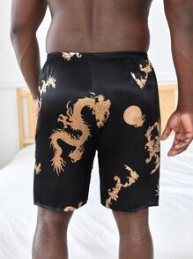Extended Sizes Men Dragon Print Satin Sleep Shorts - Black - View 2