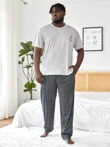 Extended Sizes Men Letter Graphic Sleep Tee & Plaid Trousers - Multicolor - View 1