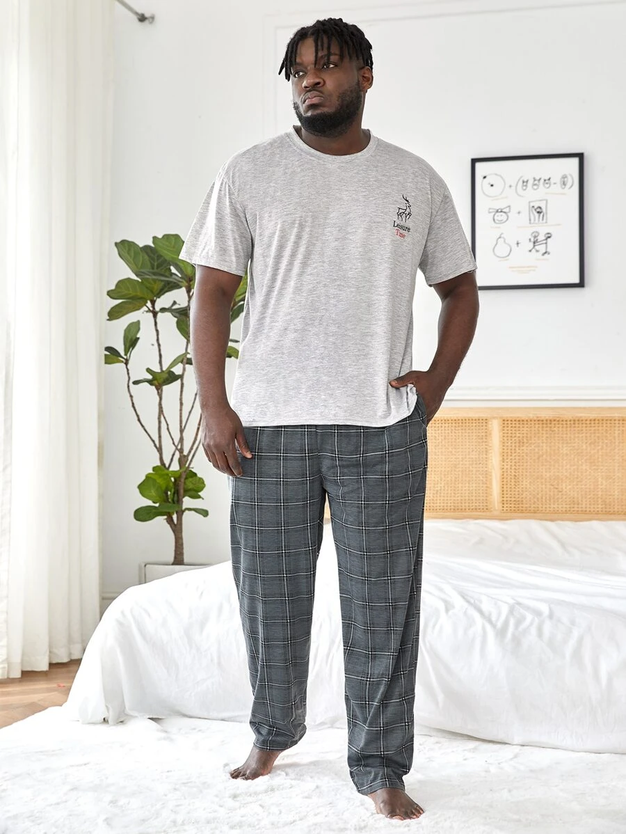 Extended Sizes Men Letter Graphic Sleep Tee & Plaid Trousers - Multicolor - View 1