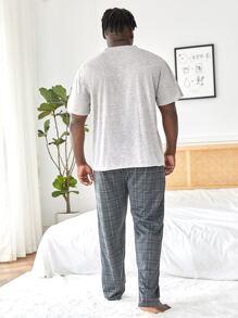Extended Sizes Men Letter Graphic Sleep Tee & Plaid Trousers - Multicolor - View 2