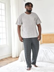 Extended Sizes Men Letter Graphic Sleep Tee & Plaid Trousers - Multicolor - View 4