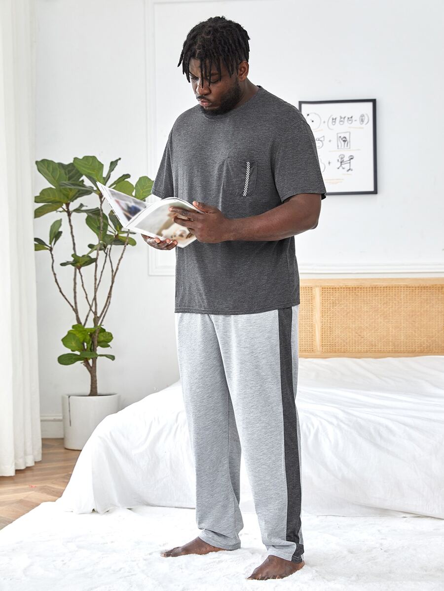 Men Contrast Side Seam PJ Set - Grey - View 1