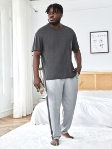 Men Contrast Side Seam PJ Set - Grey - View 3