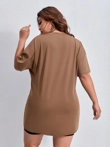 SHEIN EZwear Plus Building & Letter Graphic Drop Shoulder Tee - Brown - View 2