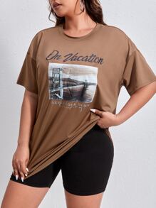 SHEIN EZwear Plus Building & Letter Graphic Drop Shoulder Tee - Brown - View 1