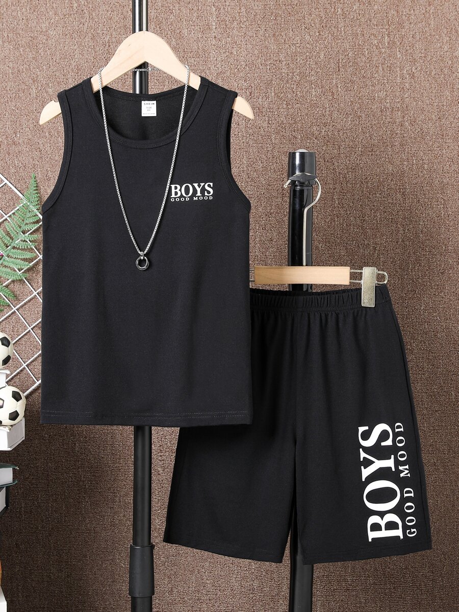 SHEIN Boys Letter Graphic Tank Top & Shorts - Black - View 1