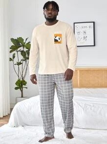 SHEIN Extended Sizes Men Cartoon Graphic Sleep Tee & Plaid Trousers - Multicolor - View 1