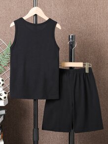 SHEIN Boys Letter Graphic Tank Top & Shorts - Black - View 2