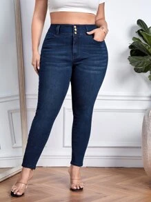 Plus High Waist Skinny Jeans - Dark Wash - View 1