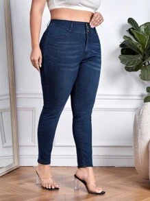 Plus High Waist Skinny Jeans - Dark Wash - View 3
