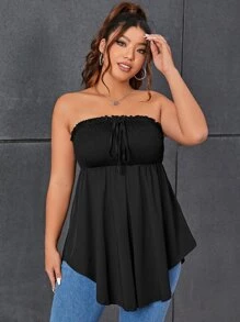 SHEIN Privé Plus Tie Front Frill Trim Asymmetrical Hem Tube Top - Black - View 1