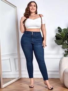 Plus High Waist Skinny Jeans - Dark Wash - View 5