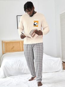 SHEIN Extended Sizes Men Cartoon Graphic Sleep Tee & Plaid Trousers - Multicolor - View 5
