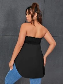 SHEIN Privé Plus Tie Front Frill Trim Asymmetrical Hem Tube Top - Black - View 2