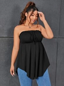 SHEIN Privé Plus Tie Front Frill Trim Asymmetrical Hem Tube Top - Black - View 3
