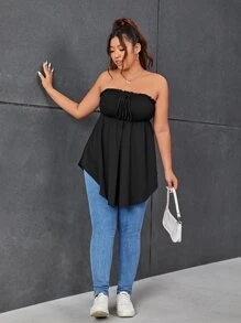 SHEIN Privé Plus Tie Front Frill Trim Asymmetrical Hem Tube Top - Black - View 4