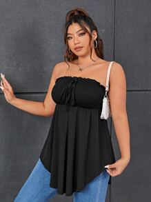 SHEIN Privé Plus Tie Front Frill Trim Asymmetrical Hem Tube Top - Black - View 5