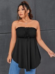 SHEIN Privé Plus Tie Front Frill Trim Asymmetrical Hem Tube Top - Black - View 6