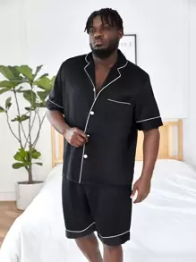 男士撞色滚边缎面睡衣套装 / 睡衣套装 - 黑色 - 查看 1