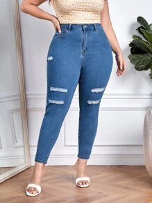 Jeans ajustados desgarro de talle alto - Azul lavado oscuro - Ver 1