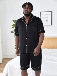 男士撞色滚边缎面睡衣套装 / 睡衣套装 - 黑色 - 查看 3