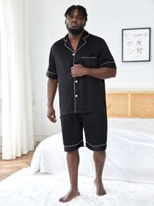 男士撞色滚边缎面睡衣套装 / 睡衣套装 - 黑色 - 查看 4