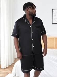 男士撞色滚边缎面睡衣套装 / 睡衣套装 - 黑色 - 查看 5