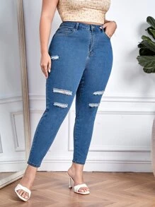 Jeans ajustados desgarro de talle alto - Azul lavado oscuro - Ver 4