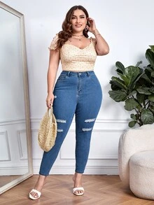 Jeans ajustados desgarro de talle alto - Azul lavado oscuro - Ver 5