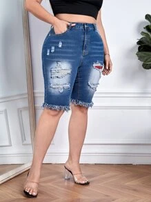 Shorts mezclilla desgarro bajo crudo - Azul lavado oscuro - Ver 3