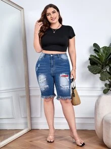 Shorts mezclilla desgarro bajo crudo - Azul lavado oscuro - Ver 5