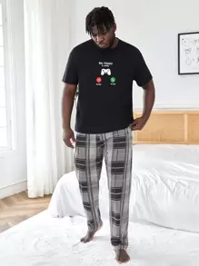 Men Letter Graphic Sleep Tee & Plaid Print Trousers - Multicolor - View 1