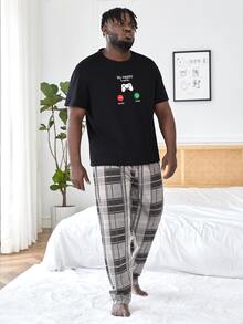 Men Letter Graphic Sleep Tee & Plaid Print Trousers - Multicolor - View 3