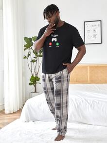 Men Letter Graphic Sleep Tee & Plaid Print Trousers - Multicolor - View 4