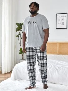 Men Letter Graphic Sleep Tee & Plaid Trousers - Multicolor - View 1