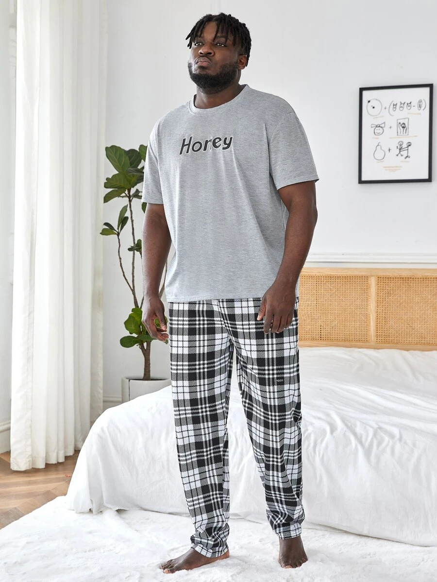 Men Letter Graphic Sleep Tee & Plaid Trousers - Multicolor - View 1