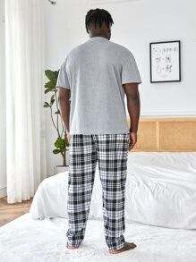 Men Letter Graphic Sleep Tee & Plaid Trousers - Multicolor - View 2